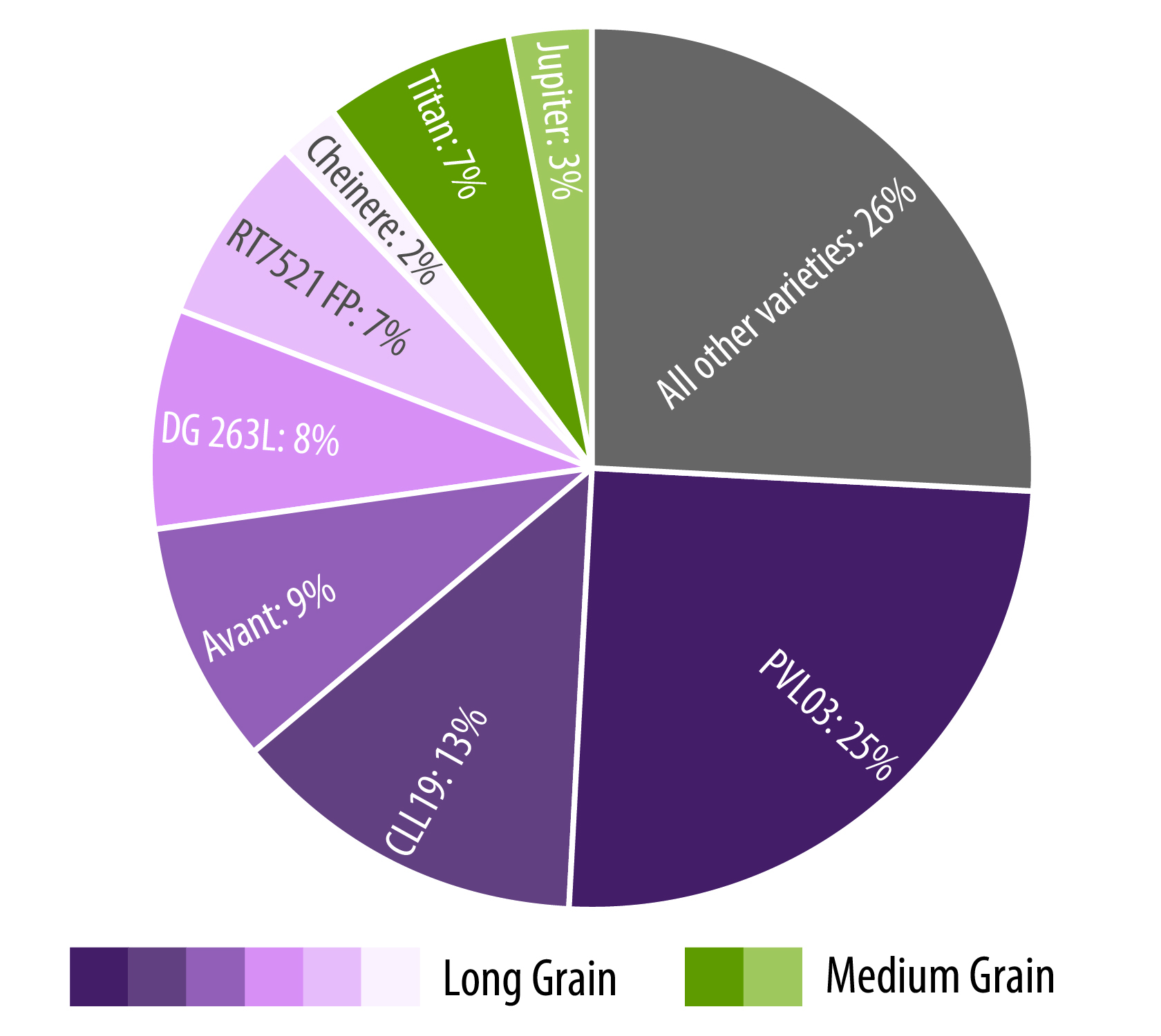 Pie chart showing distribution of rice varieties by percentage. Segments include: All other varieties (20%), PVL03 (20%), CL153 (17%), Avanti (9%), DG 263L (8%), M202/M 401 (8%), Titan (7%), Jupiter (7%), Diamond (2%), and Koshihikari (2%). Legend indicates Long Grain varieties in purple shades and Medium Grain varieties in green.